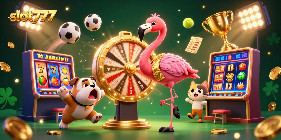 Experience thrilling slot777 action with a vibrant illustration featuring a flamingo host and excited players.