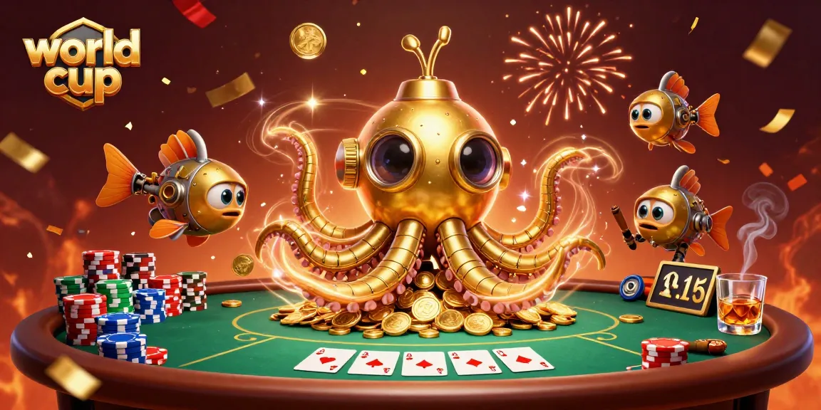 Engage with the world cup through a vibrant 3D illustration featuring a kraken submarine and poker elements.