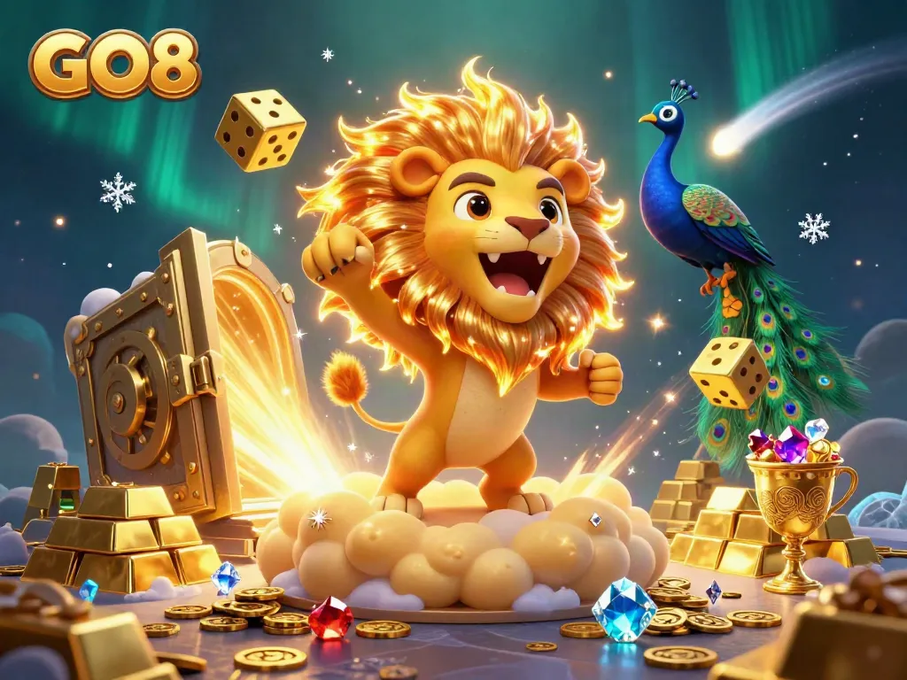 Spin big with GO8, featuring a roaring lion and dazzling treasure in a vibrant casino illustration.