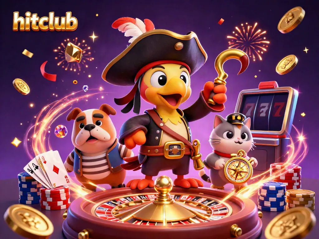Hitclub showcases a vibrant casino scene with a pirate captain, bulldog, and cat amidst gameplay excitement and golden rewards.