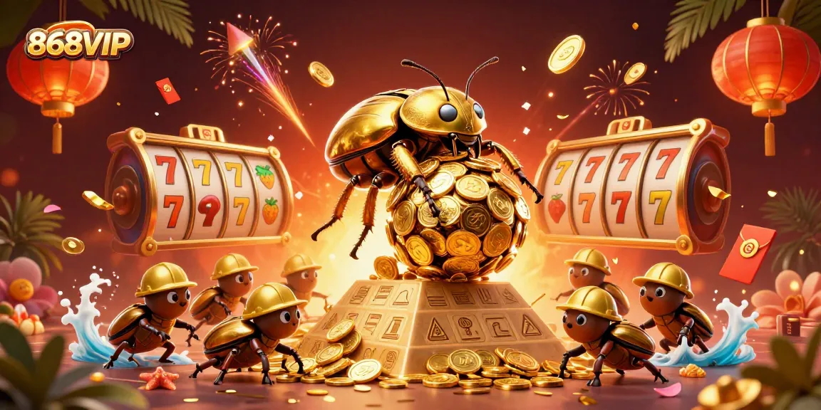Experience 868VIP as the golden beetle rolls coins to a jackpot, amidst dynamic slot game elements.