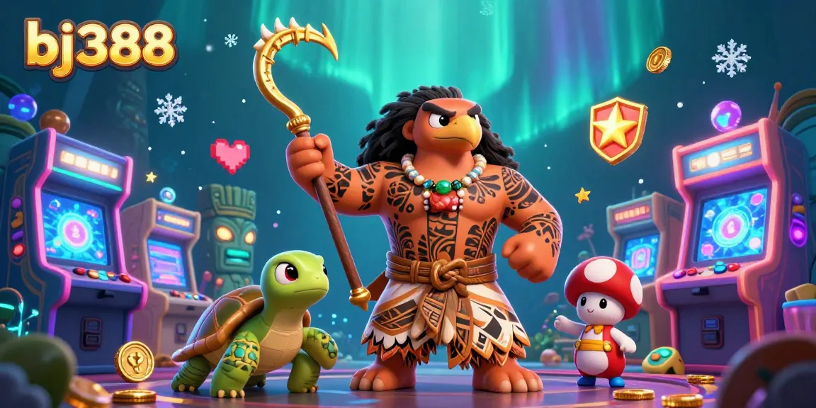 Experience the excitement of bj388 with a vibrant 3D cartoon scene featuring a demigod hawk, turtle sidekick, and colorful gambling elements.