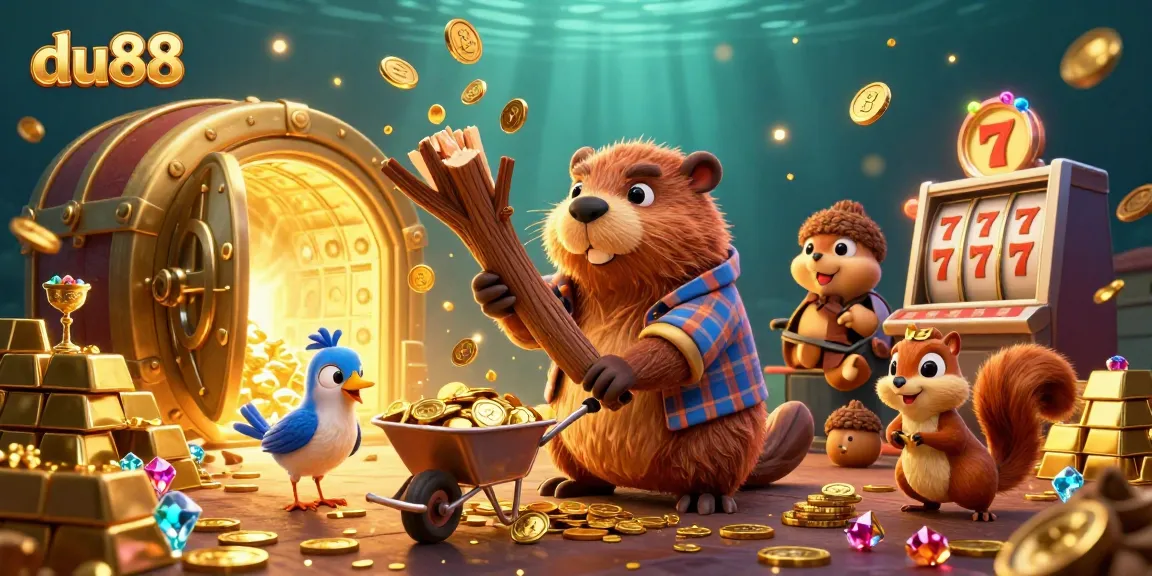 Collect coins with du88's engaging gaming scene featuring a lumberjack beaver and exciting slot elements.