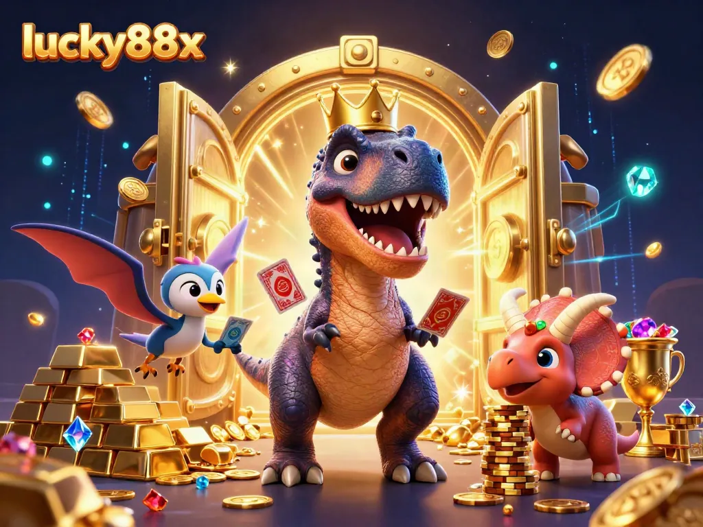 Engage with lucky88x in a vibrant casino scene filled with treasures and characters in action.