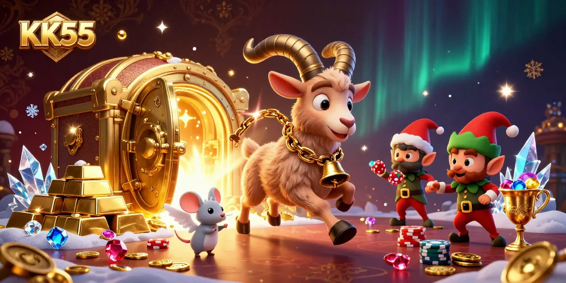 Experience the festive casino action at KK55 with a lively scene of Krampus, an angel mouse, and naughty elves.
