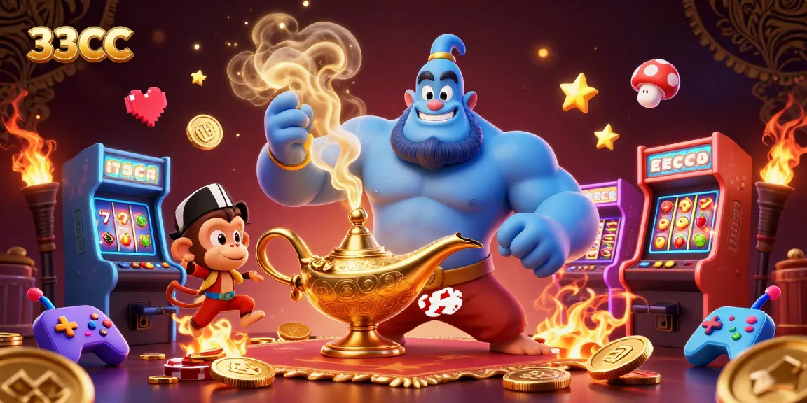 Experience excitement at 33CC with a vibrant casino-themed illustration featuring a genie and poker elements.
