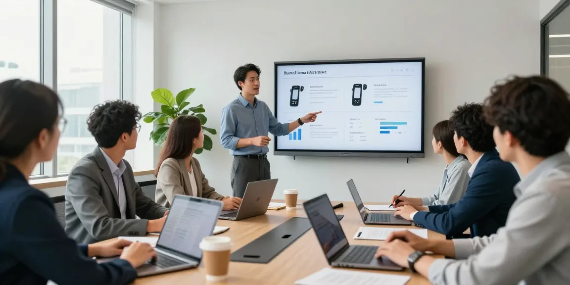Team discussing business phone options in a modern office setting.