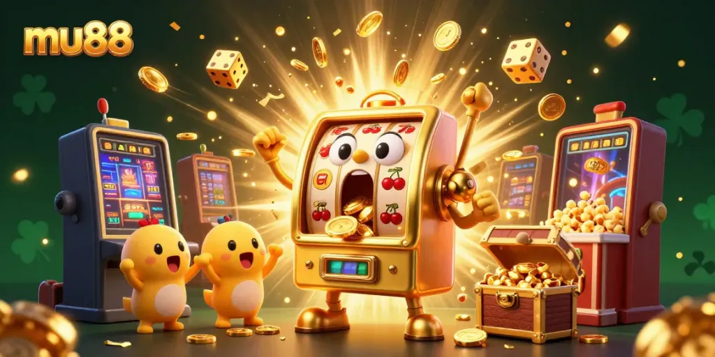Mu88 slot machine wins big with coins exploding, showcasing dynamic casino excitement.