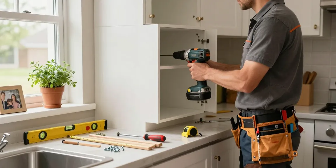 Handyman services in London featuring a skilled professional installing new kitchen cabinets in a sunny home, showcasing tools and fresh cabinetry.