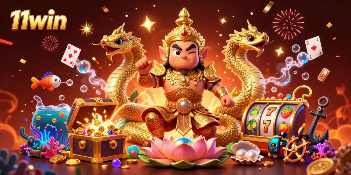Experience the vibrant world of 11win with a dynamic casino illustration featuring protective characters and exciting game elements.