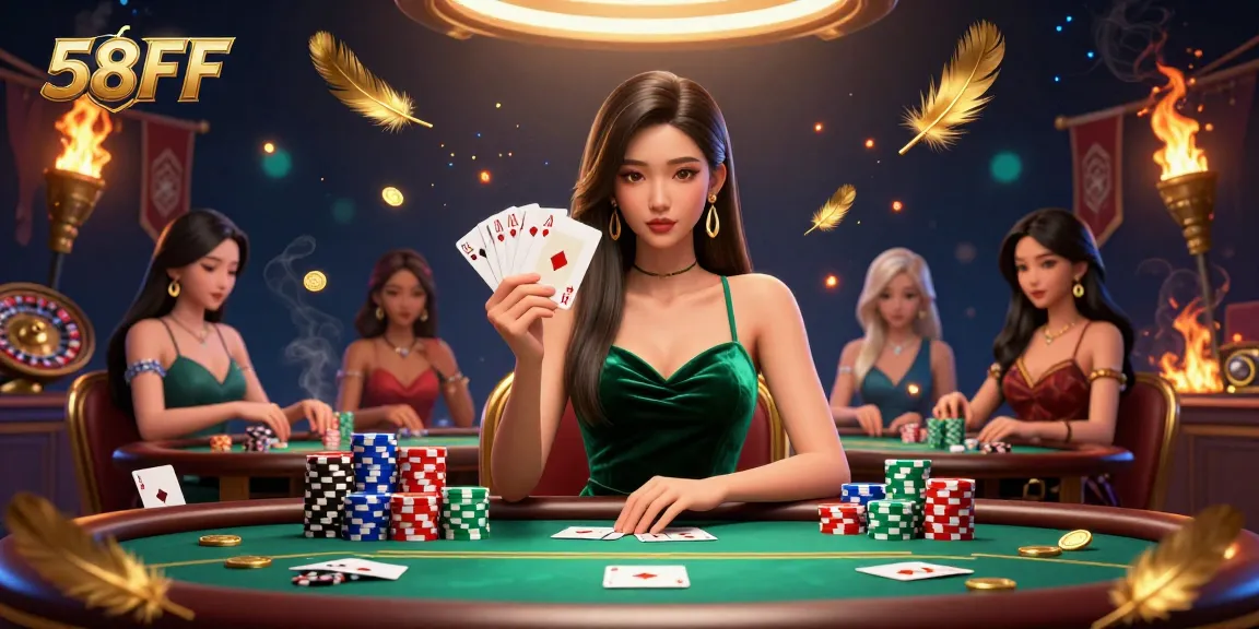 Play poker at 58FF with a beautiful Asian dealer showcasing her hand, amidst swirling gold coins and betting tokens.