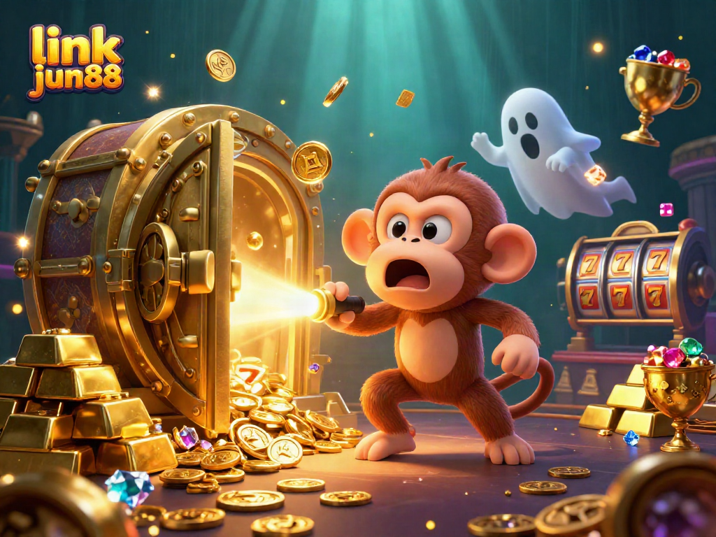 Experience the excitement of link jun88 in a vibrant haunted casino scene with a juggler monkey and ghost-hunter puppy.