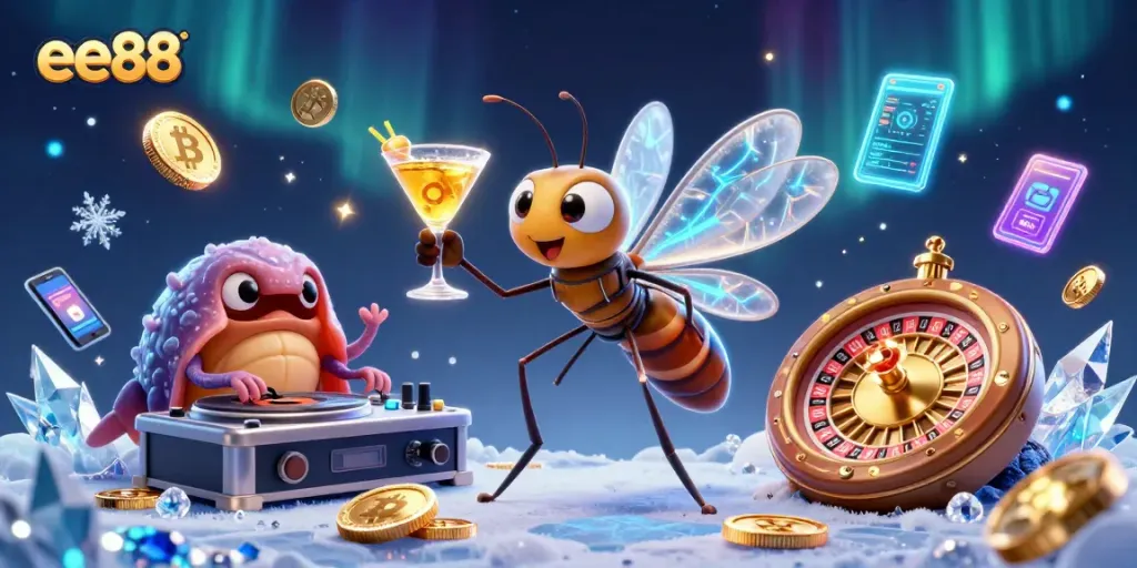 Engage with ee88's dynamic casino scene featuring a unique frozen-in-amber mosquito mascot.