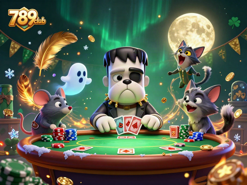 Engage with thrilling poker action featuring 789club's quirky characters and vibrant casino atmosphere.