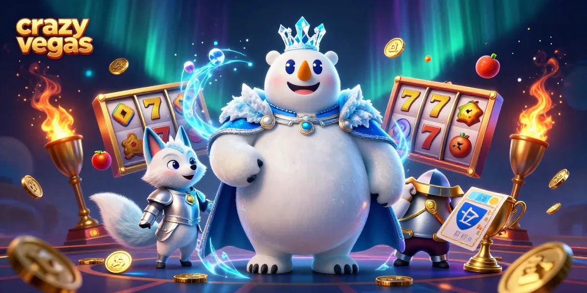 Spin to win at crazyvegas with a fantastical casino scene featuring a regal polar bear and fox amidst lively slot reels and golden elements.