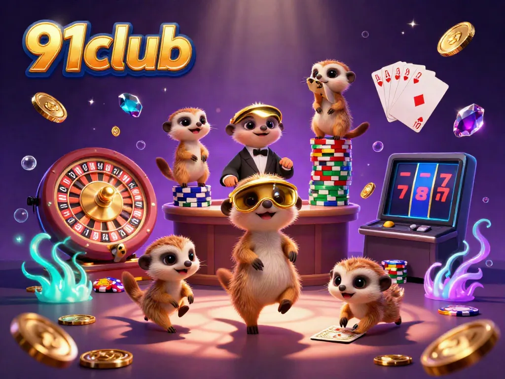 Engage in the vibrant world of 91club with a cartoon meerkat casino scene filled with exciting games.