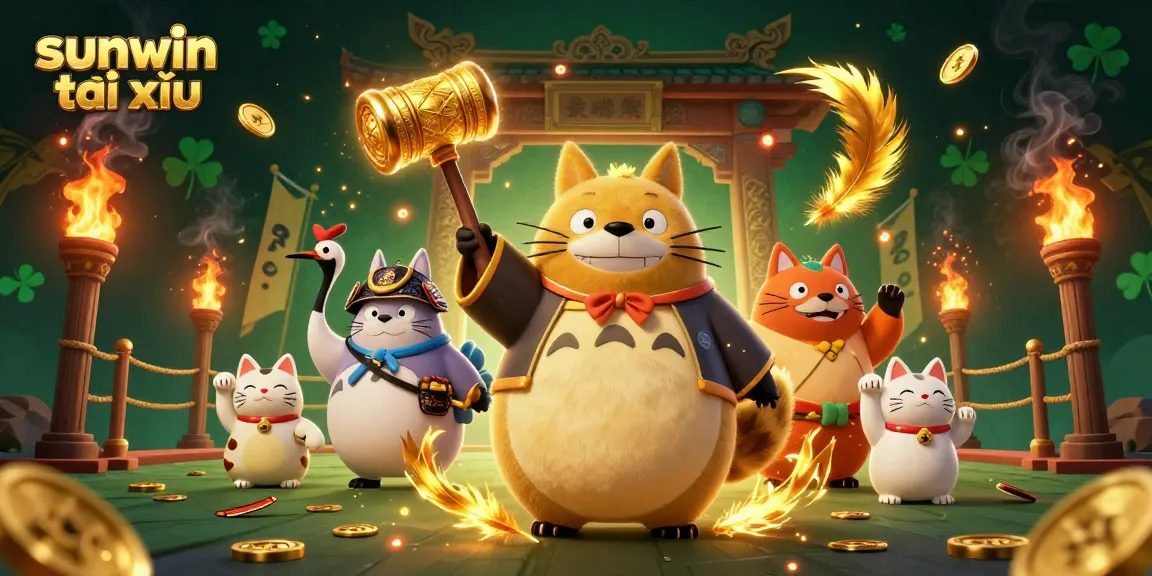 Engage in sunwin tài xỉu gameplay with the cheerful tanuki amidst golden decorations.