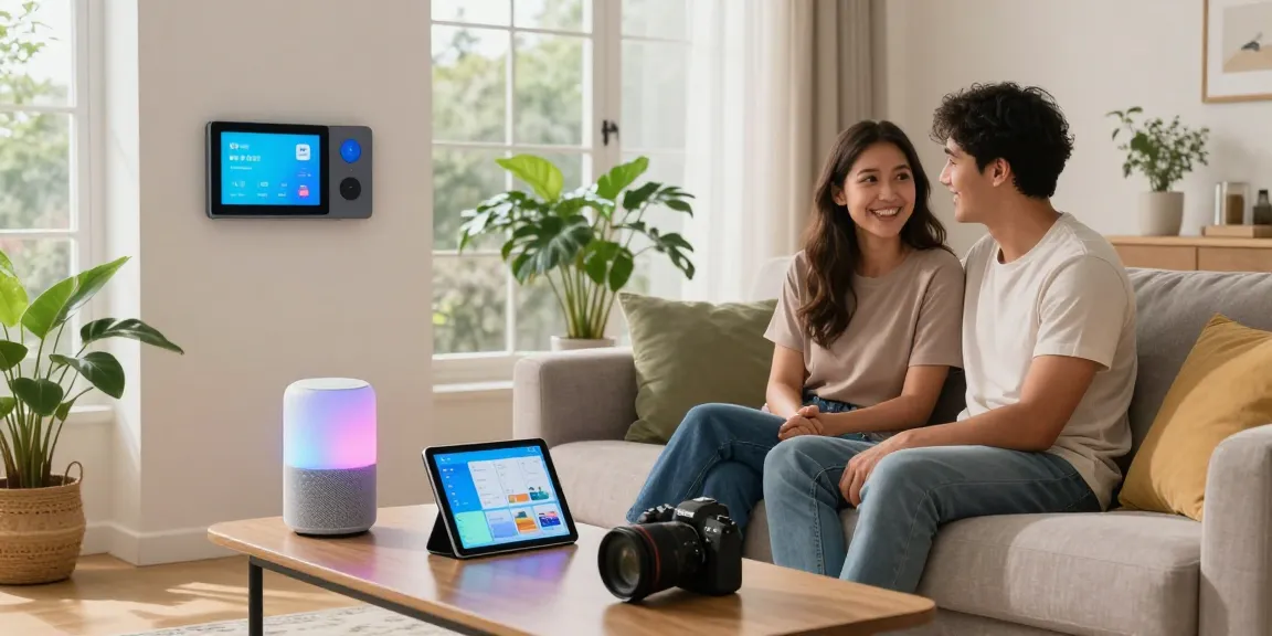 Couple interacting with smart home gadgets, showcasing modern living room automation.