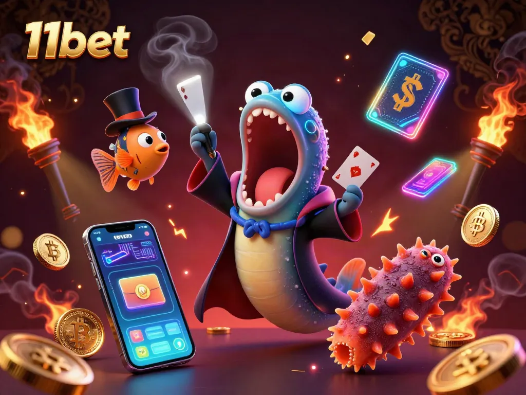 Experience the magic at 11bet with a colorful underwater casino scene featuring an eel magician.