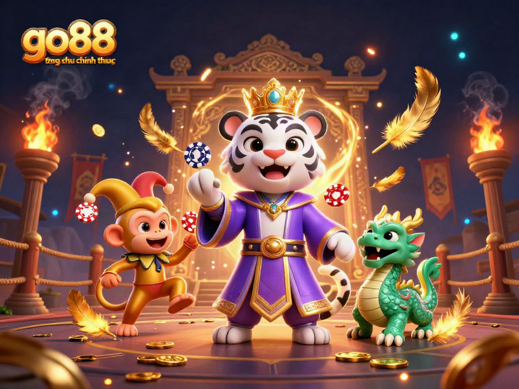 Engage with go88 trang chu chinh thuc as a vibrant 3D scene shows a white tiger, monkey, and dragon in a casino