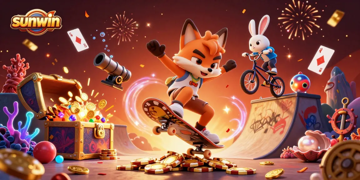 Experience the thrill of gambling with sunwin's vibrant cartoon illustration featuring a skateboarder fox and BMX rabbit.