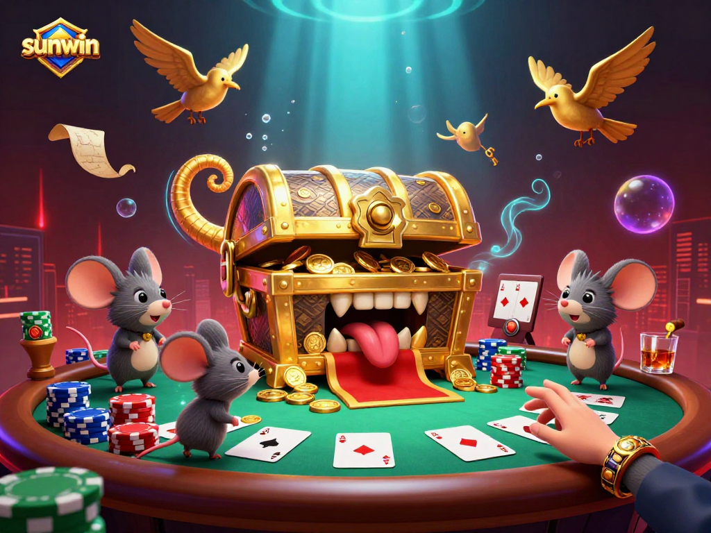 Engage with sunwin in this vibrant 3D casino scene filled with poker elements and animated characters.