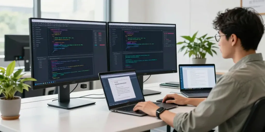 Developer analyzing instant indexing analytics data on multiple screens in a modern workspace.