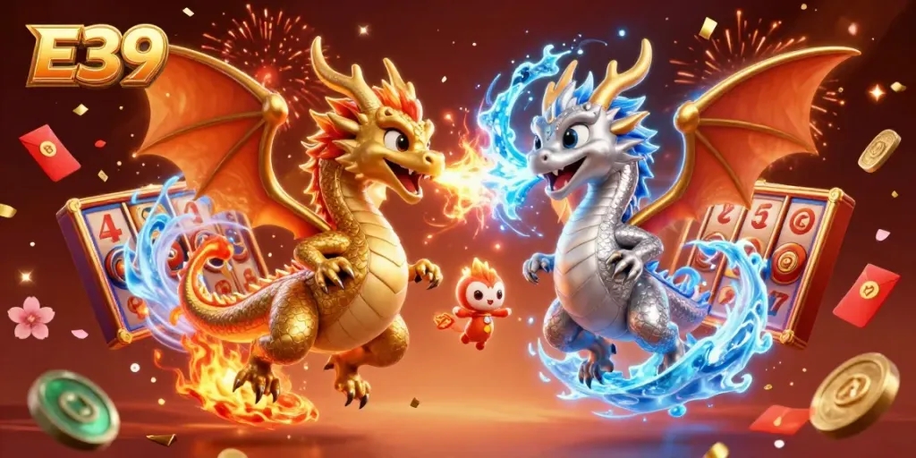 E39 twin dragons engage in a vibrant online casino celebration with slots and festive symbols.