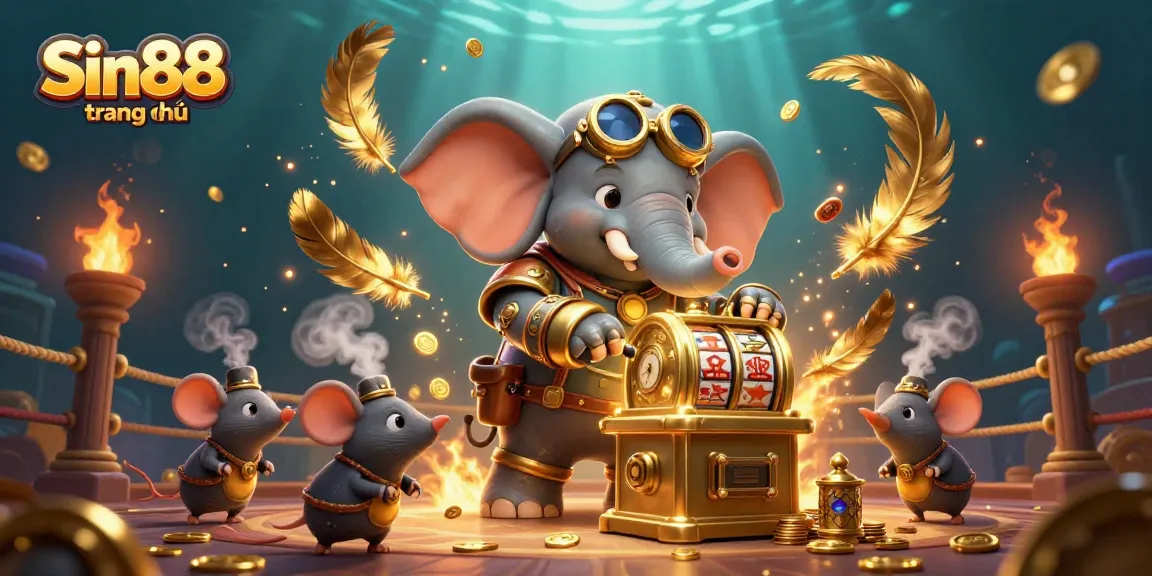 Engage with Sin88 trang chủ featuring a steampunk elephant operating a golden slot machine.