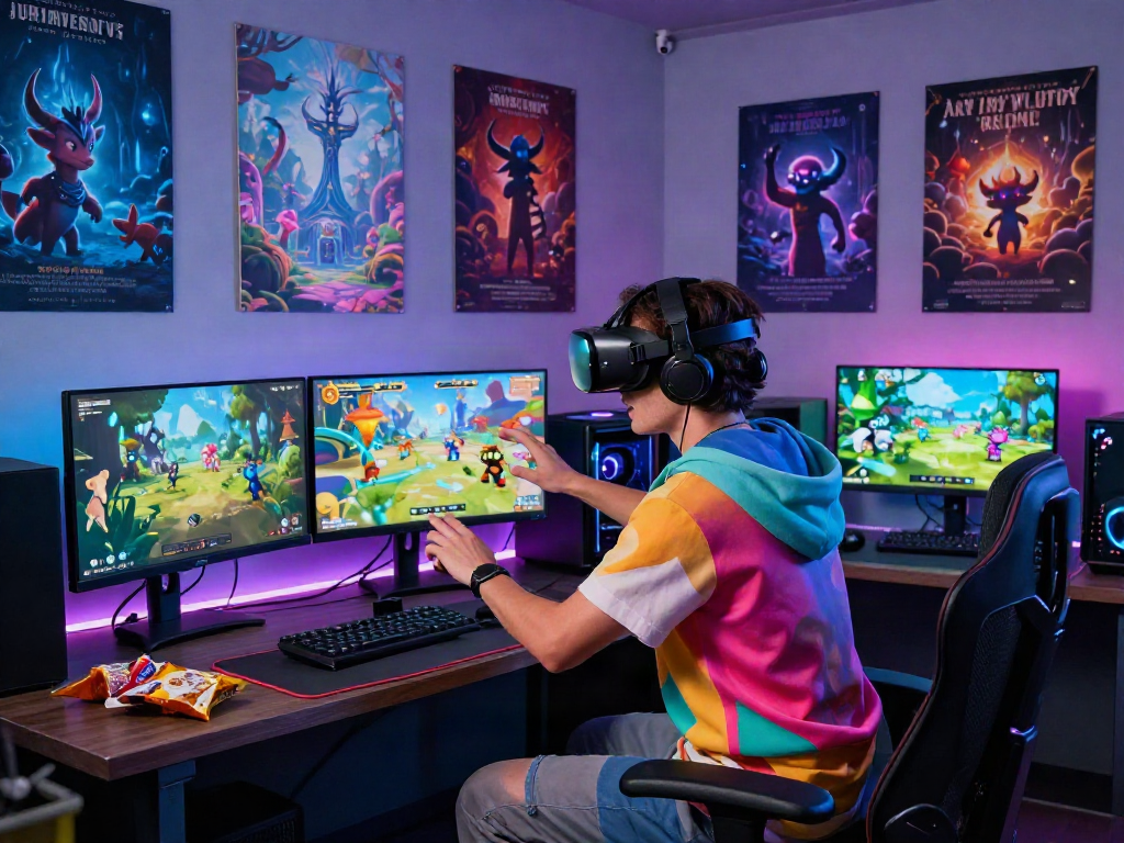 Immersive gaming setup showcasing a character in a hentai game world, vibrant landscapes and magical creatures around.