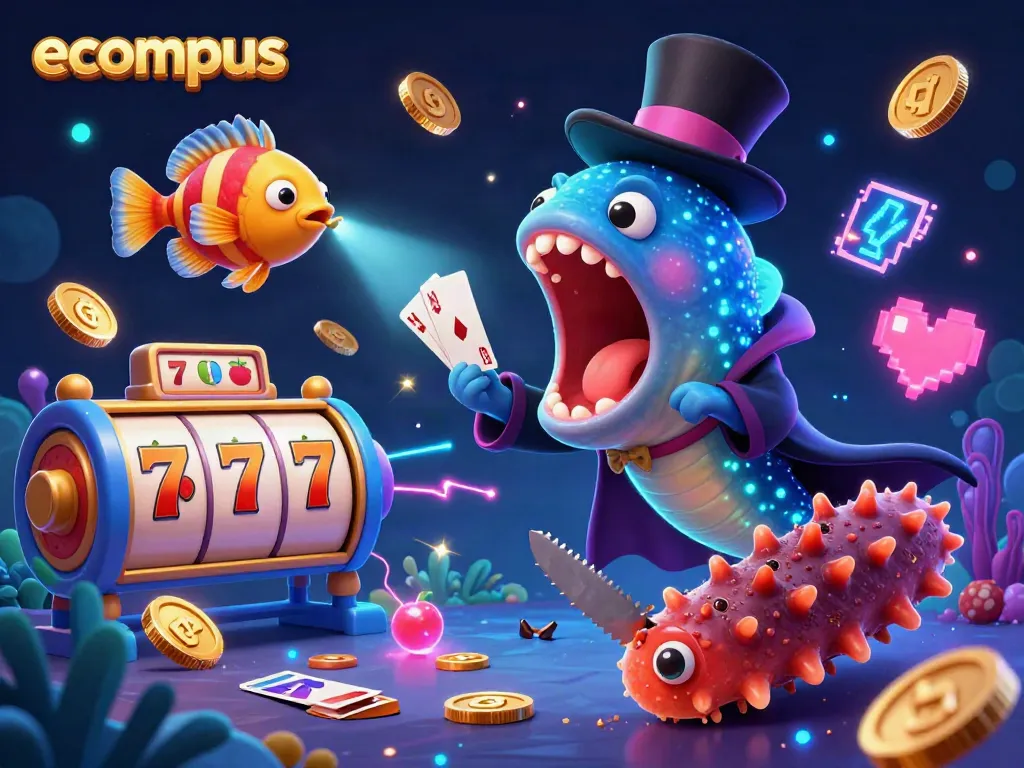 Engage with ecompus' fun casino world featuring vibrant slot reels and magical sea creatures.