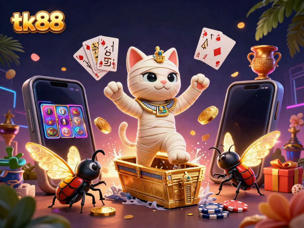 Experience excitement with the tk88 Egyptian mummy cat in a vibrant casino scene bursting with colorful elements.