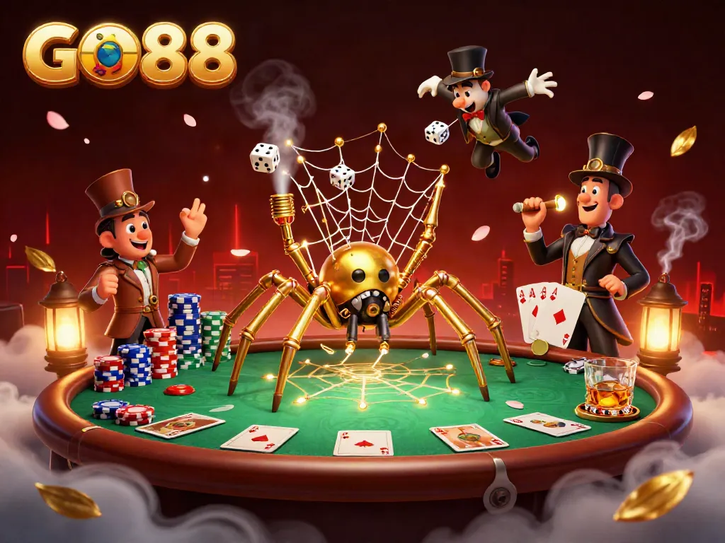 Experience the thrill of GO88 with a steampunk-themed cartoon scene showcasing poker elements and a whimsically trapped fly gentleman.