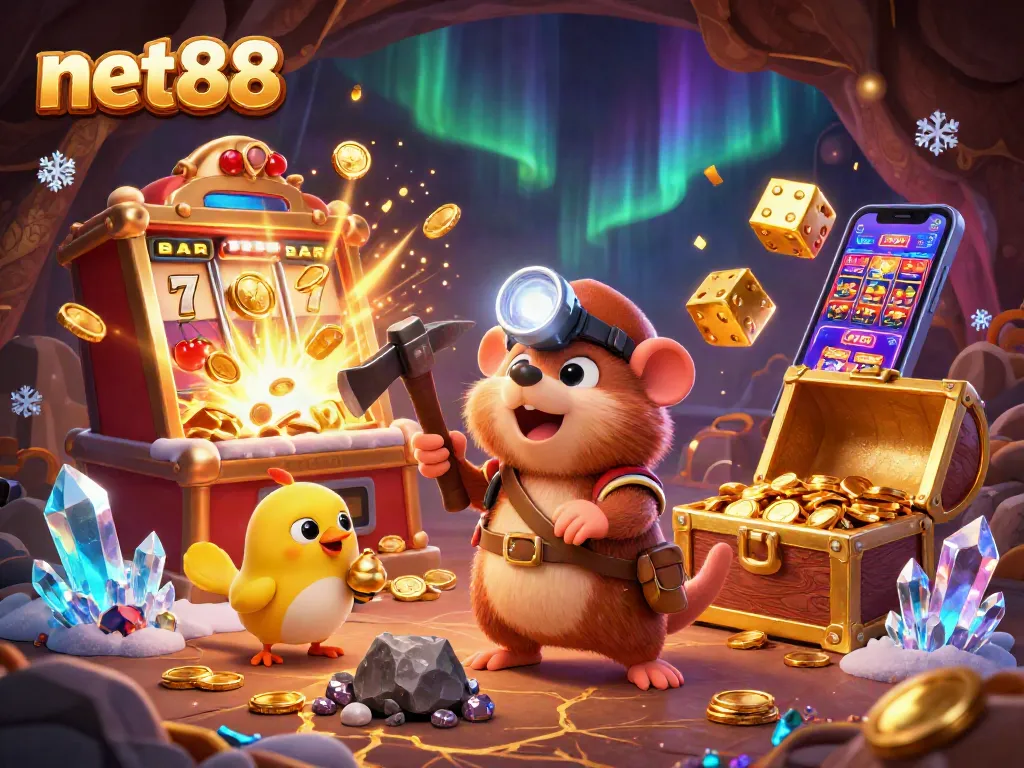 Bet on net88's exciting games featuring a treasure hunter mole in a vibrant, dynamic casino scene.