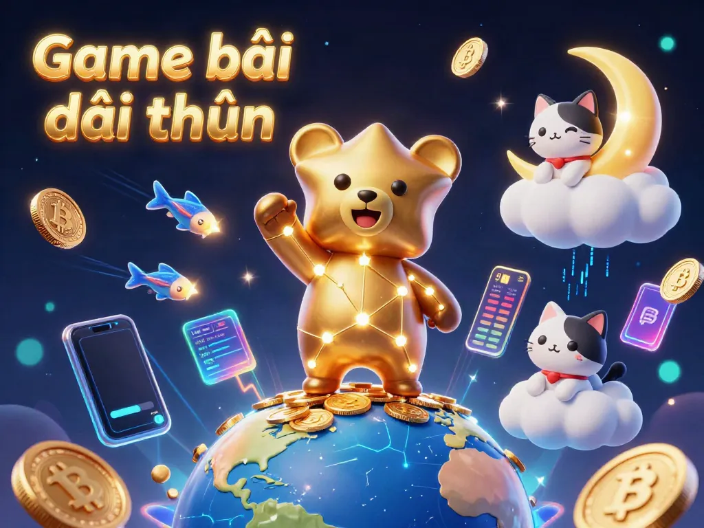 Experience the excitement of Game bài đổi thưởng as a constellation bear scoops coins from Earth in a vibrant digital casino.