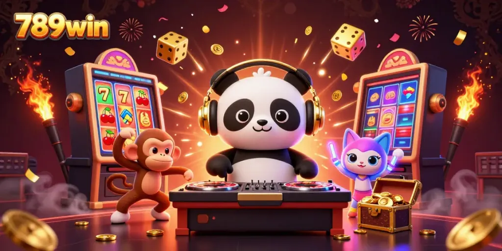 Engage with the vibrant world of 789win featuring a DJ panda and carnival-style casino elements.
