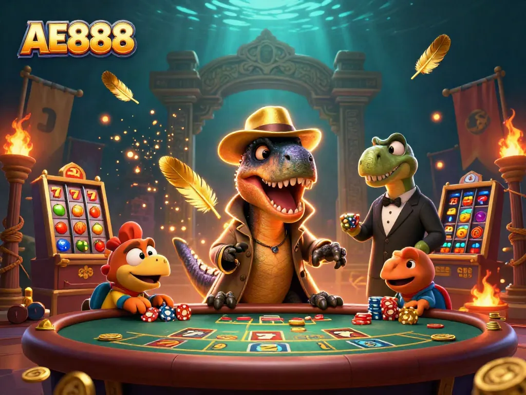 Engage in thrilling AE888 casino gaming with vibrant characters at the blackjack table.