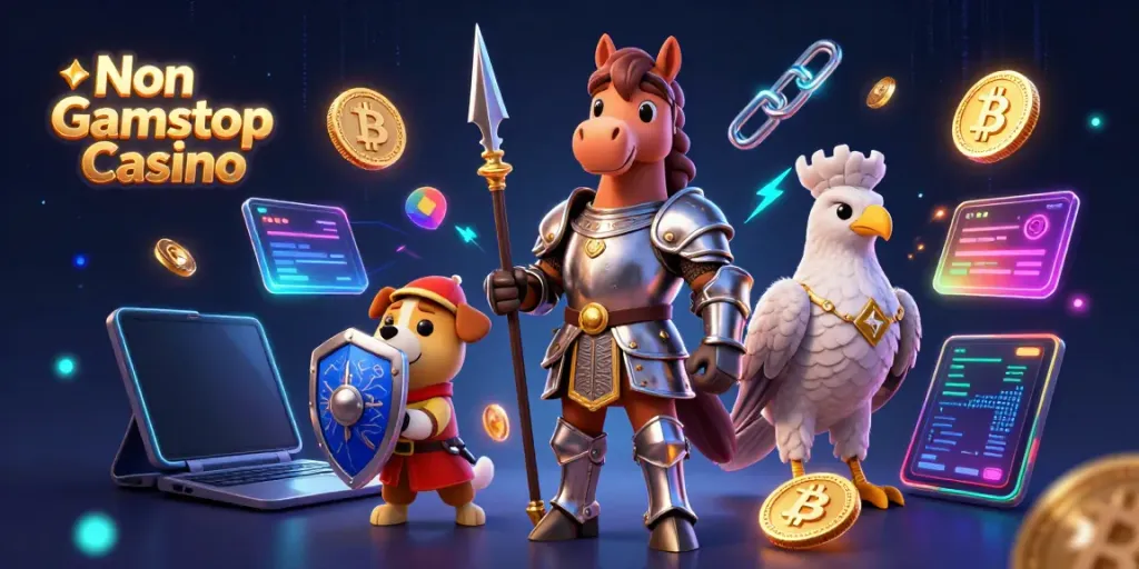 Engage with a thrilling Non Gamstop Casino experience illustrated with characters and crypto elements.