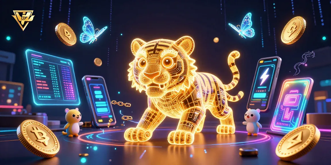 Join HUBET in an electrifying digital casino adventure with a neon tiger, cryptocurrencies, and exciting game elements.