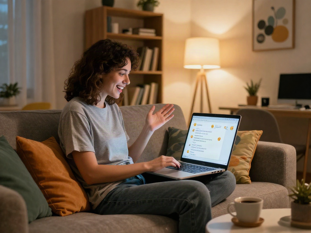 Interactive nsfw ai chat in a cozy home office, showcasing vibrant expressions and engaging atmosphere.