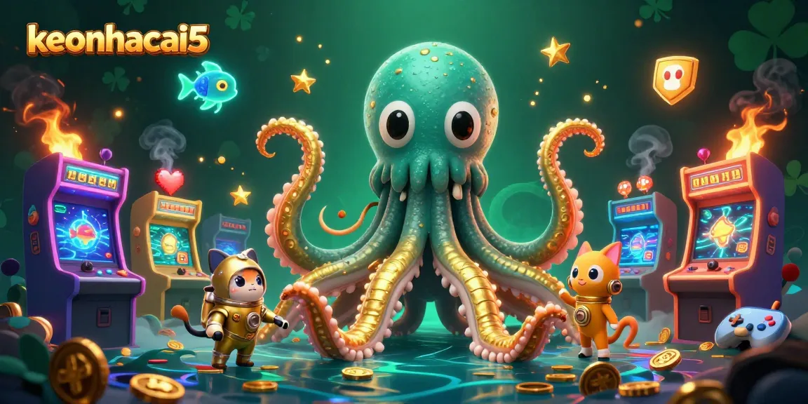 Experience keonhacai5's thrilling adventure as a colossal kraken emerges surrounded by casino elements, inviting players to win!