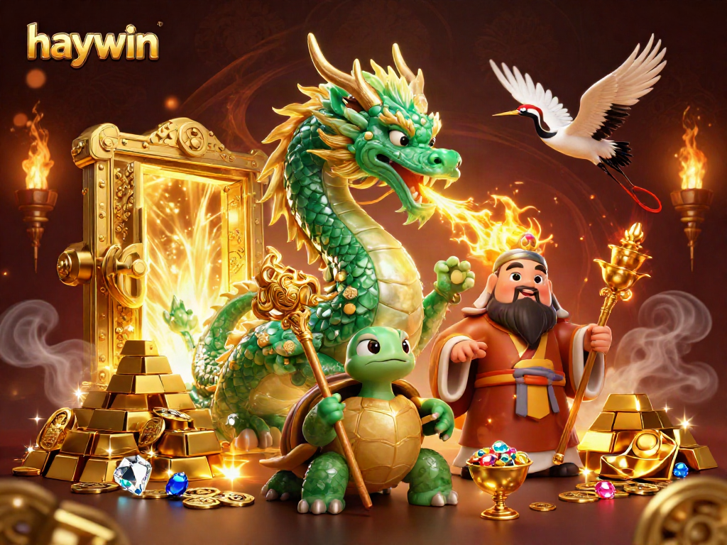 haywin showcases an emerald jade dragon amidst treasure, conveying luck and fortune in gambling.