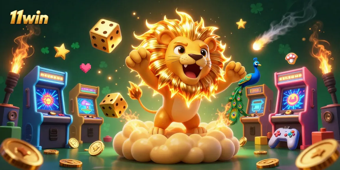 Engage with 11win's vibrant gaming scene featuring a roaring lion and dazzling casino elements.