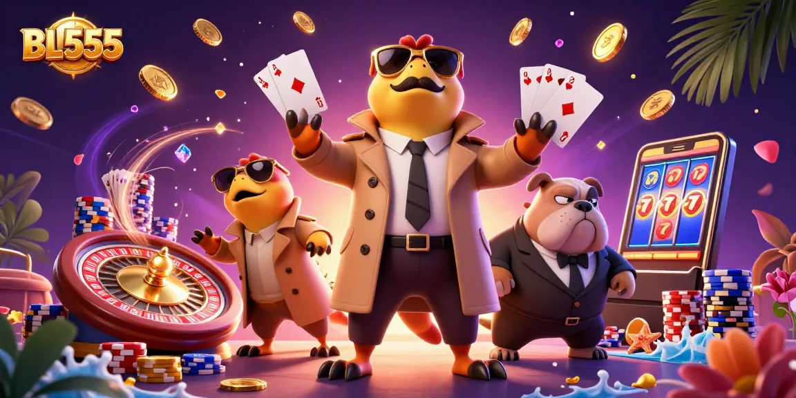 Experience the thrill of BL555 as animated raptors comically attempt casino entry, amidst gold coins and a roulette wheel.