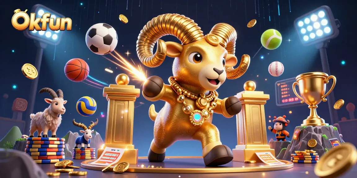 Experience thrilling betting with Okfun's golden ram and dynamic sports elements in a vibrant casino illustration.