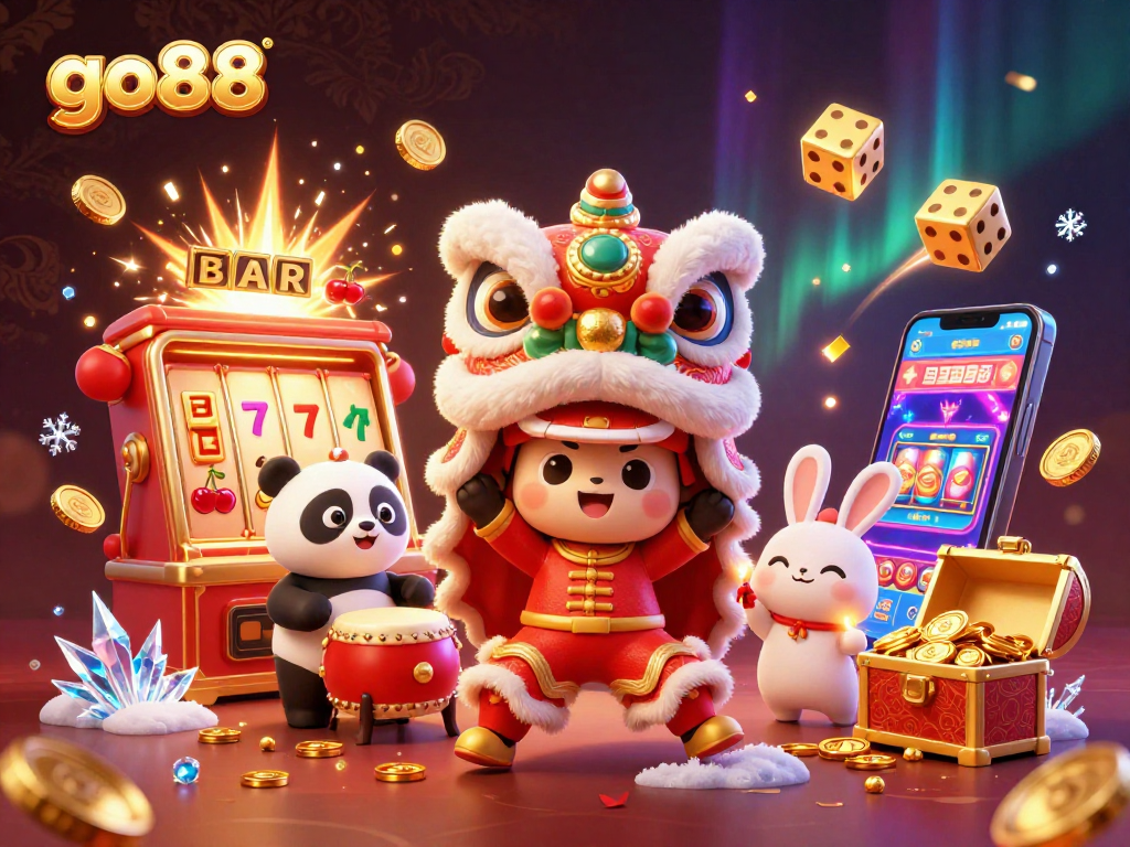 Experience go88's vibrant casino atmosphere with a lively lion dance and jackpot excitement.