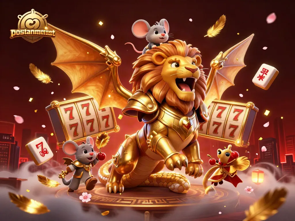 Engage with thrilling gambling excitement at positanorestaurants as a chimera creature roars beside dynamic slot reels.