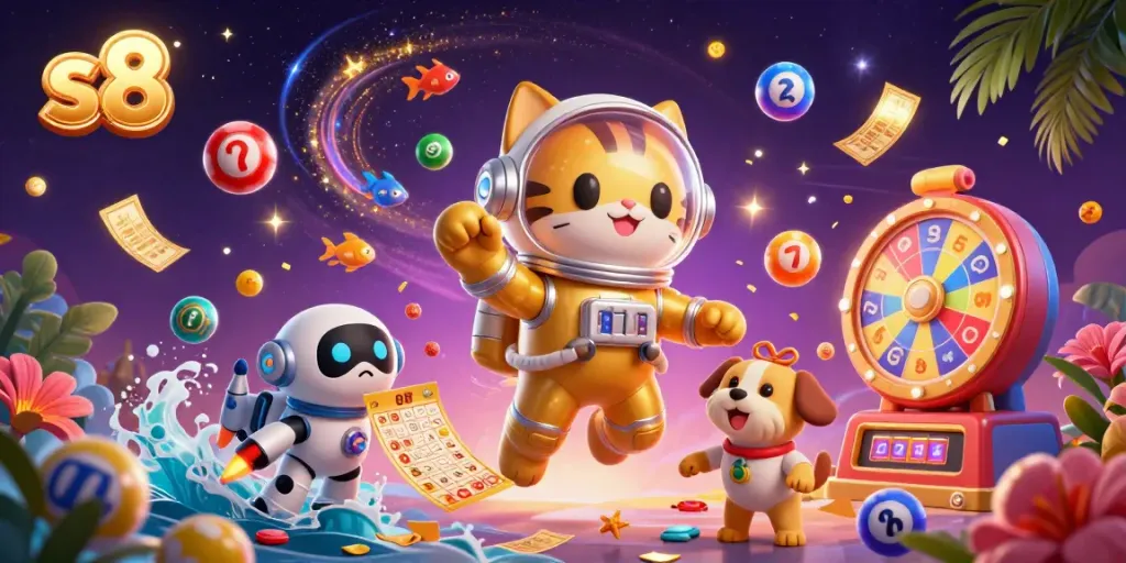 Experience entertainment at S8 with a 3D illustrated scene of a cat astronaut and robotic dog among colorful lottery elements.
