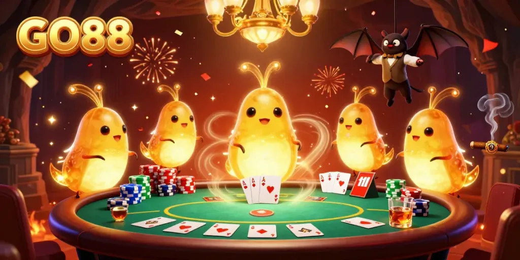 Experience thrilling gameplay at GO88 with dynamic glowworms lighting a vibrant cave casino scene.