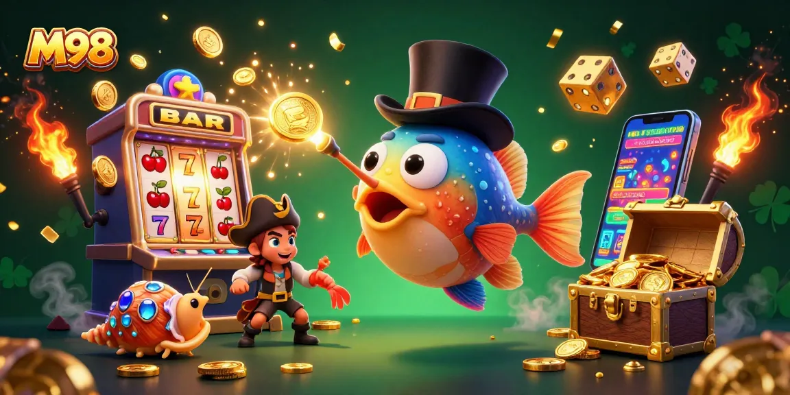 M98 engages players with a lively 3D scene of an anglerfish, shrimp, and sea snail amid casino elements.